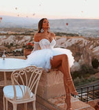 Off-the-Shoulder Wedding Reception Lace Detail Tulle Dress in White