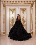 Black Lacey Tiered Tulle Beauty Pageant Ball Gown