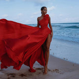 Red One Shoulder Split Thigh Wedding Anniversary Photoshoot Satin Dress With Train