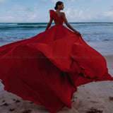 Red One Shoulder Split Thigh Wedding Anniversary Photoshoot Satin Dress With Train