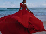 Red One Shoulder Split Thigh Wedding Anniversary Photoshoot Satin Dress With Train
