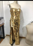 Sparkly Strapless Mirror Embellished High Split Dress