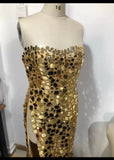 Sparkly Strapless Mirror Embellished High Split Dress