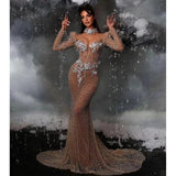 Crystal Embellished Illusion Mesh Nude Wedding Reception Party Dress
