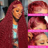 Deep Wave Burgundy Curly 13x4 Human Hair Raw Wig - Up to 50"