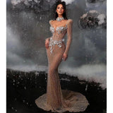 Crystal Embellished Illusion Mesh Nude Wedding Reception Party Dress