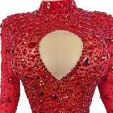 Sexy Stretchy Rhinestones Mesh Embellished Jumpsuit - Red