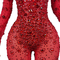 Sexy Stretchy Rhinestones Mesh Embellished Jumpsuit - Red