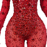 Sexy Stretchy Rhinestones Mesh Embellished Jumpsuit - Red