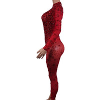 Sexy Stretchy Rhinestones Mesh Embellished Jumpsuit - Red