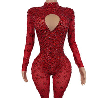 Sexy Stretchy Rhinestones Mesh Embellished Jumpsuit - Red