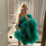 One Shoulder Feathered Sequins Dress