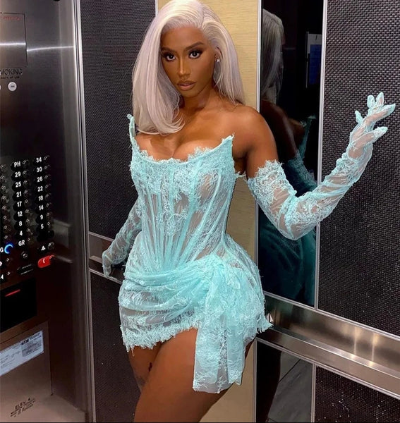 birthday dress with gloves Strapless Long Sequin Prom Dress with Gloves Turquoise / 10
