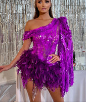 One Shoulder Sequinned Feather Detailed Dress