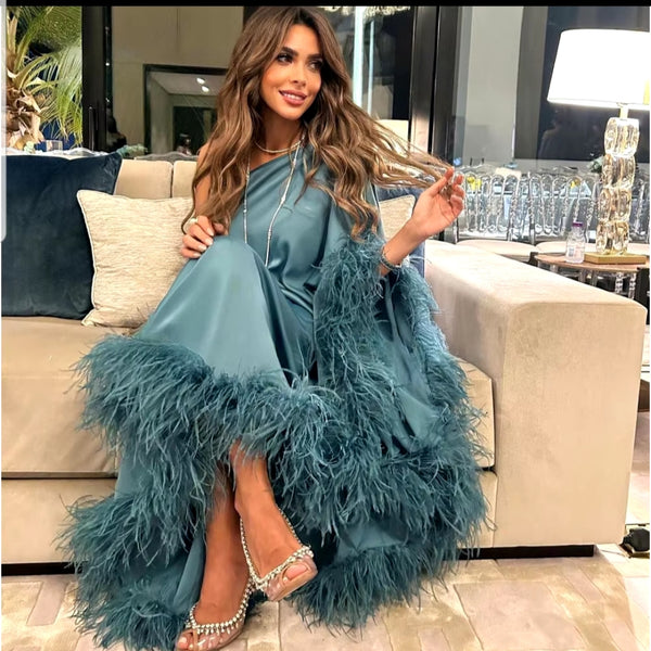 satin dress with feather trim LAPOINTE Satin Draped Neck Bias Dress With Feathers
