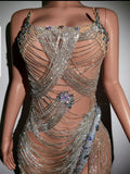 Sexy Rhinestones Embellished Shimmery Party Dress - Nude