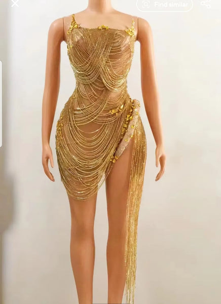 Sexy Rhinestones Embellished Shimmery Party Dress - Gold