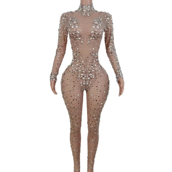 Sexy Stretchy Rhinestones Mesh Embellished Jumpsuit