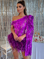 One Shoulder Sequinned Feather Detailed Dress