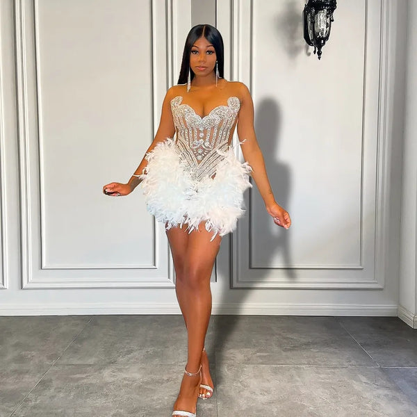 Night Outfits White Frock Party Wear Luxury Short Feather Prom Dress For Black Girls White Aso Night Outfits White Frock Party Wear Luxury Short Feather Prom Dress For Black Girls White Aso