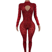 Sexy Stretchy Rhinestones Mesh Embellished Jumpsuit - Red