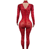 Sexy Stretchy Rhinestones Mesh Embellished Jumpsuit - Red