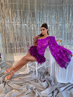 One Shoulder Sequinned Feather Detailed Dress