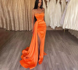 High Split Ruched Orange Evening Satin Dress With Train