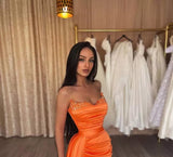 High Split Ruched Orange Evening Satin Dress With Train