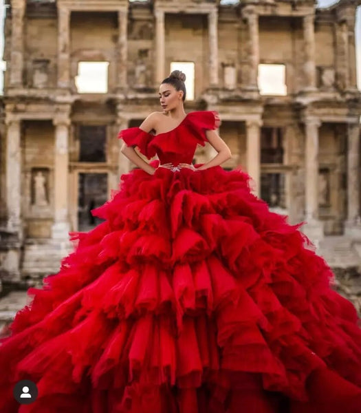 Red Asymmetric Ball Gown