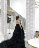 Sweatheart Neck Tiered Tulle Gown With Train