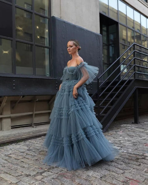 Pleated Off Shoulder Formal Tulle Gown