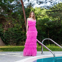 Mother of the Bride Tiered Asymmetric Fuschia Tulle Dress