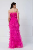 Mother of the Bride Tiered Asymmetric Fuschia Tulle Dress