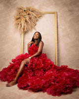 3D Rose Flower Ruffle Photoshoot Tulle Gown With Train - Red