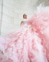 Ruffle Pink Ball Gown - Coloured Tulle Wedding Gown