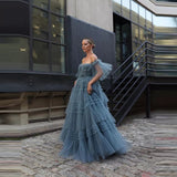 Pleated Off Shoulder Formal Tulle Gown