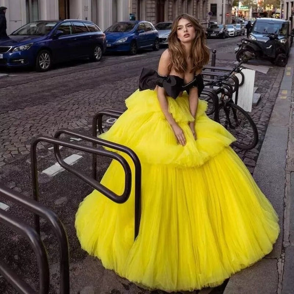 3-Tiered Long Prom Party Tulle Skirt - Yellow
