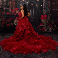 3D Rose Flower Ruffle Photoshoot Tulle Gown With Train - Red