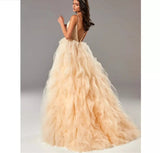 Spaghetti Strap Asymmetric Open Back Tulle Gown