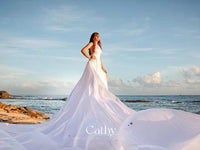 White Halter Neck Vacation/Maternity Photoshoot Dress With Train