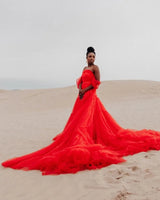 Off-the-Shoulder Bridal/Maternity Shoot High Split Dress With Train