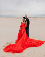 Off-the-Shoulder Bridal/Maternity Shoot High Split Dress With Train