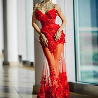 Red 3D Floral Appliqué Mesh Dress