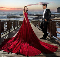 Honey Moon High Split Red Satin Dress With Train