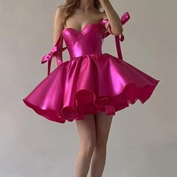 Sexy Short Off-the-Shoulder Fit & Flare Satin Dress Stylist Styles Sexy Short Off-the-Shoulder Fit & Flare Satin Dress Stylist Styles