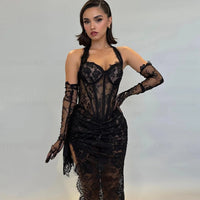 Black Lacey Corset Mesh Dress With Gloves