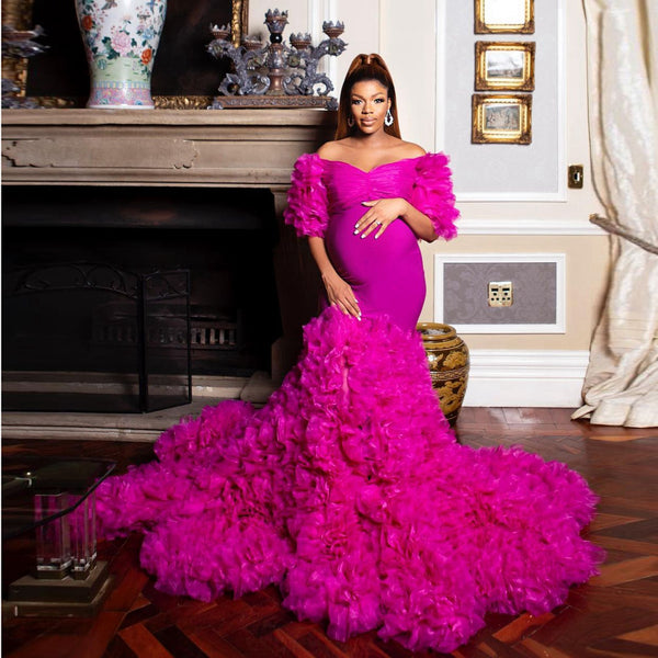 pink mermaid maternity dress Pink Mermaid Maternity Dress Photoshoot Ruffles Coat 2 Piece Set 2 / Picture Color