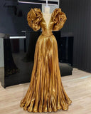 2024 Metallic Gold Exaggerated Puff Sleeves Long Dress - GOLD DIGGER